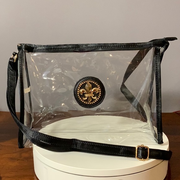 Clear stadium adjustable strap bag black trim Fleur De Lis emblem NWT - Picture 3 of 8